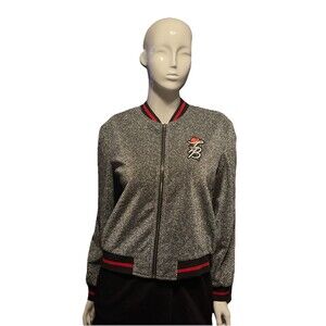 Tessa Brooks Silver Metallic Bomber Jacket  Zip Front Rose Logo Women's Large